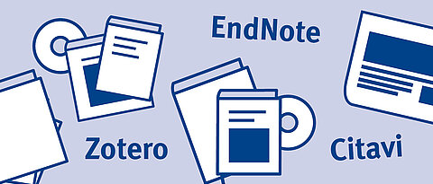 Zeichnungen von CDs und Dokumenten auf blauem Hintergrund, dazwischen die Wörtern Zotero, Citavi und Endnote 