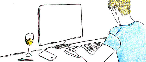 Zeichnung eines Studenten, der vor einem PC sitzt. Auf dem Schreibtisch liegen zusätzlich ein Smartphone, ein Stift und ein volles Glas
