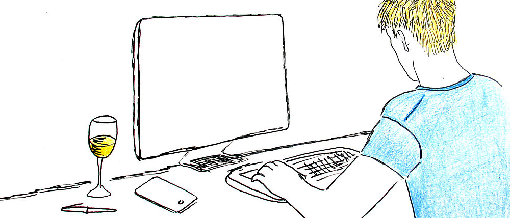 Skizze eines Studenten vor einem PC