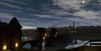 SpielenGrenzen2 - Blick auf die Alte Mainbrücke im mittelalterlichen Würzburg bei Nacht – Szene aus dem VR-Game „Barlock“